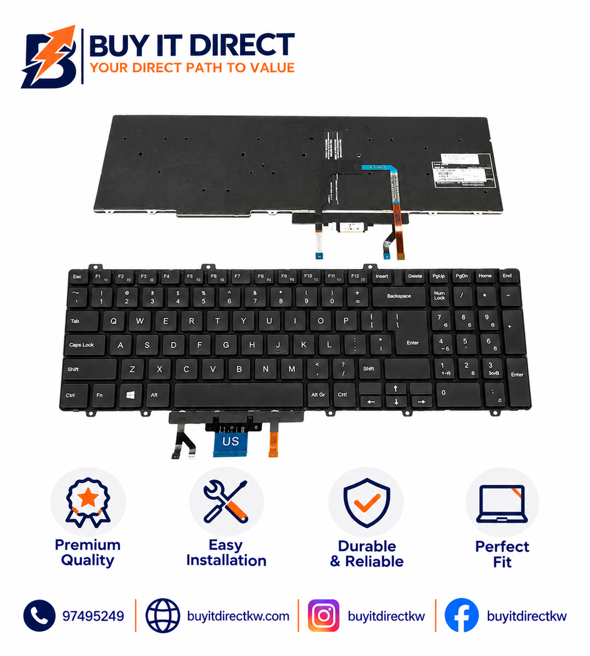 لوحة مفاتيح لابتوب Dell Latitude 5500 و5501 باللون الأسود بإضاءة خلفية وبتخطيط إنجليزي أمريكي وعربي