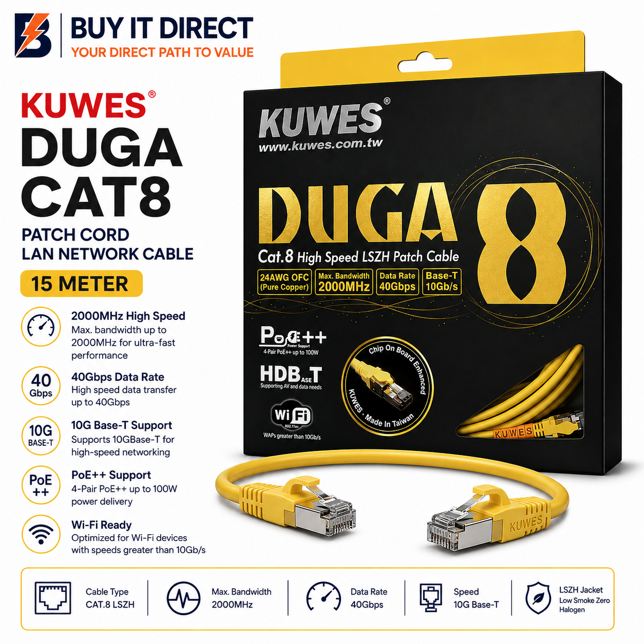 KUWES DUGA CAT8 Patch Cord LAN Network Cable 15 Meter