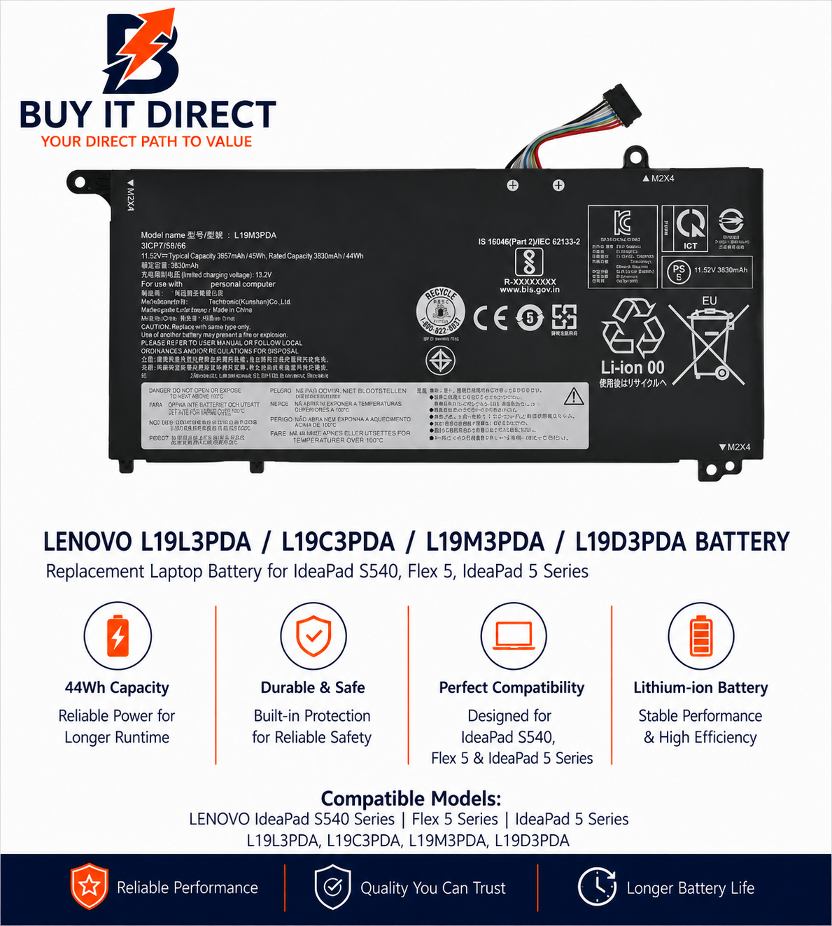 Lenovo L19L3PDA 45Wh Laptop Battery for IdeaPad S540 Flex 5 and IdeaPad 5