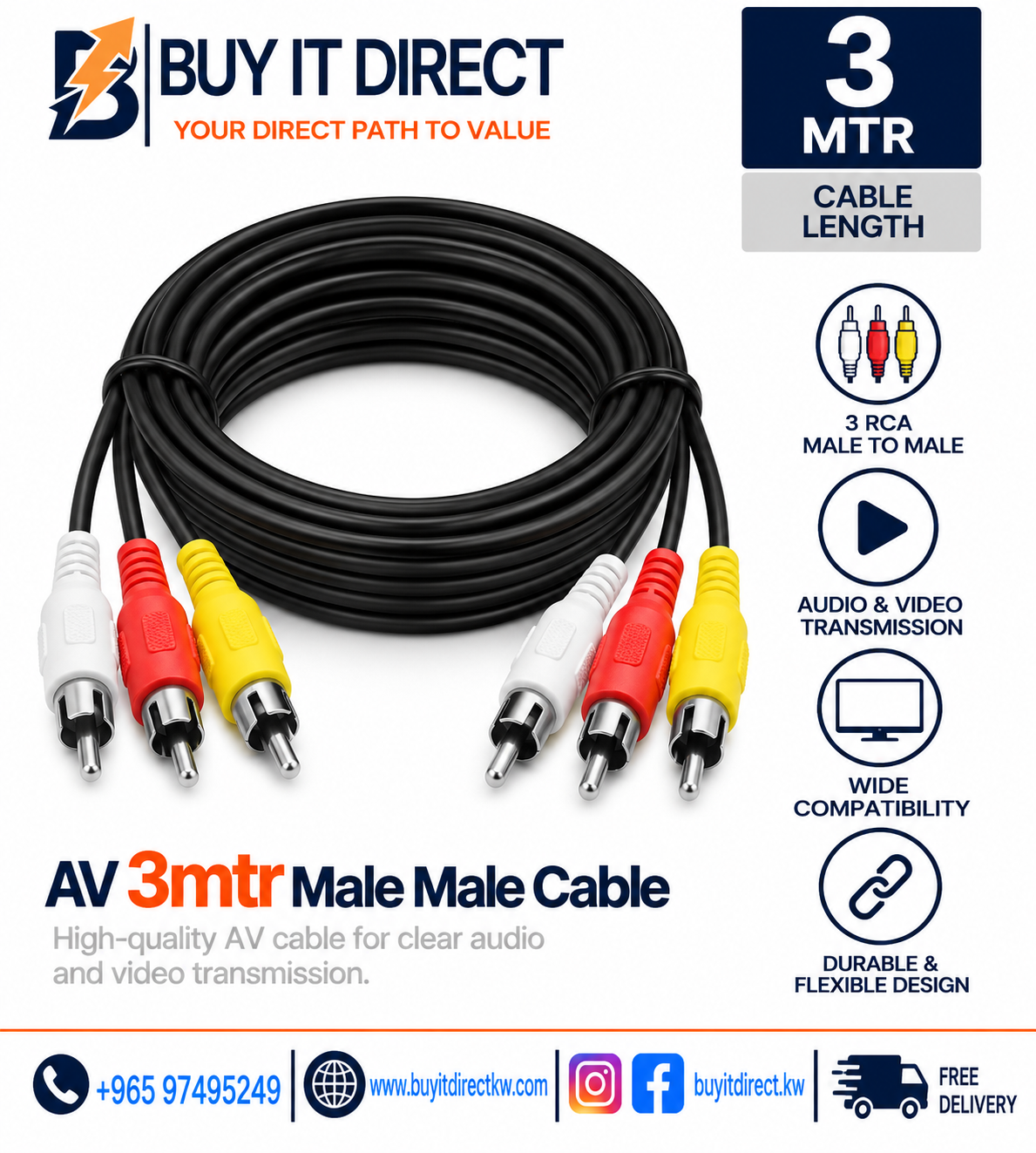AV 3mtr Male Male Cable