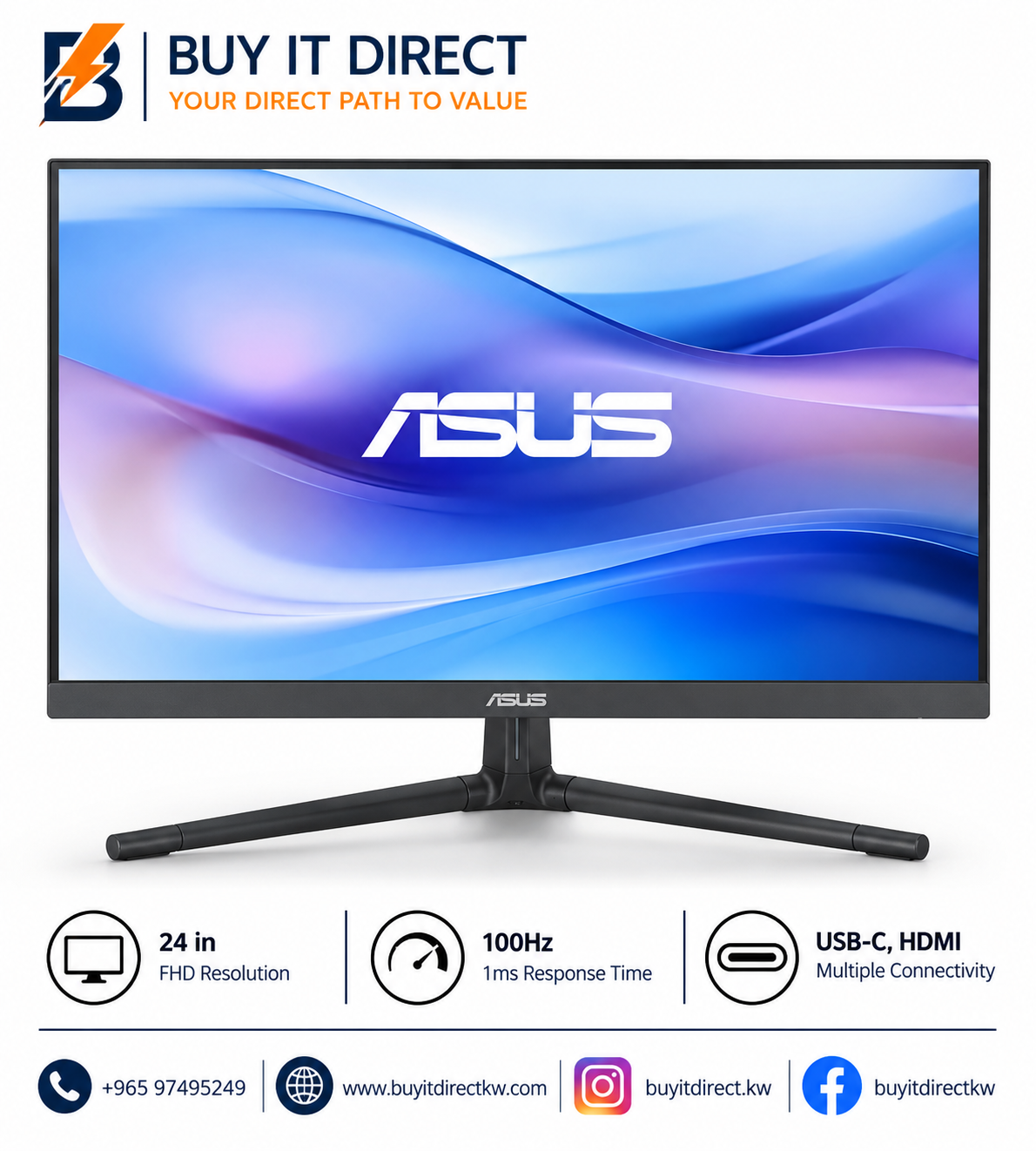 شاشة ASUS VU249CFE ‏24 بوصة FHD ‏100Hz ‏1ms IPS مع USB-C وHDMI للعناية بالعين
