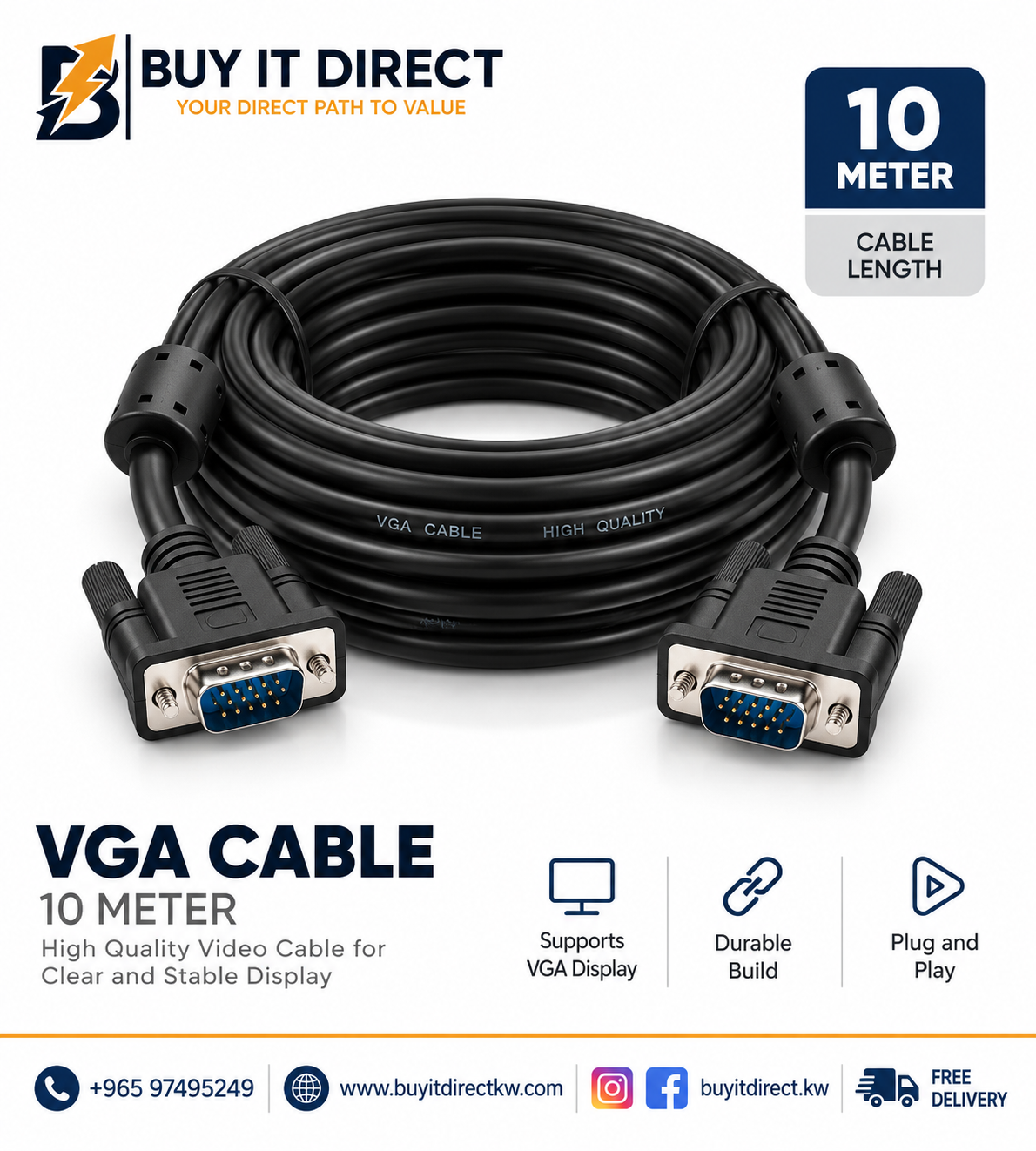 كابل VGA ‏15 سن ذكر إلى ذكر بطول 10 متر