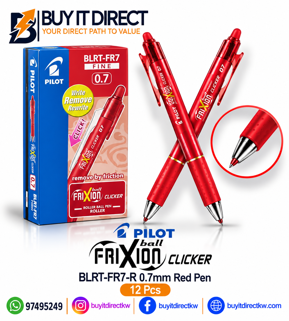 أقلام Pilot FriXion Ball Clicker BLRT-FR7-R حبر أحمر 0.7 مم – 12 قطعة