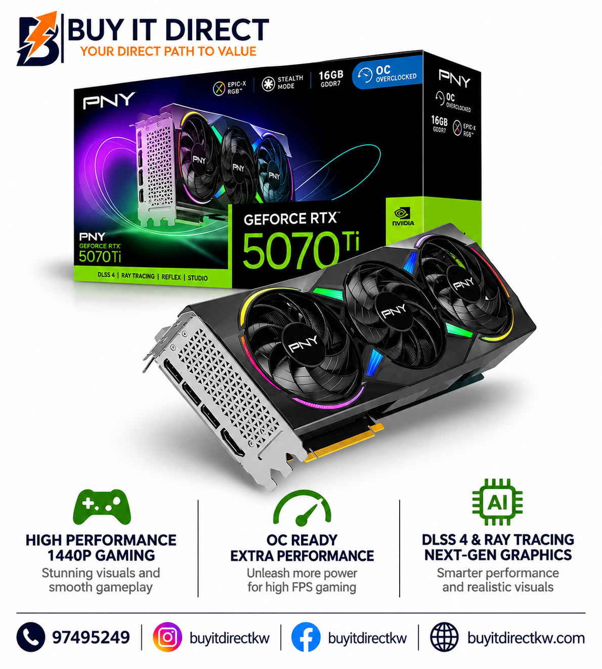 بطاقة رسومات بي ان واي جي فورس RTX 5070 Ti ARGB EPIC X RGB مكسورة السرعة بثلاث مراوح وسعة 16 جيجابايت GDDR7