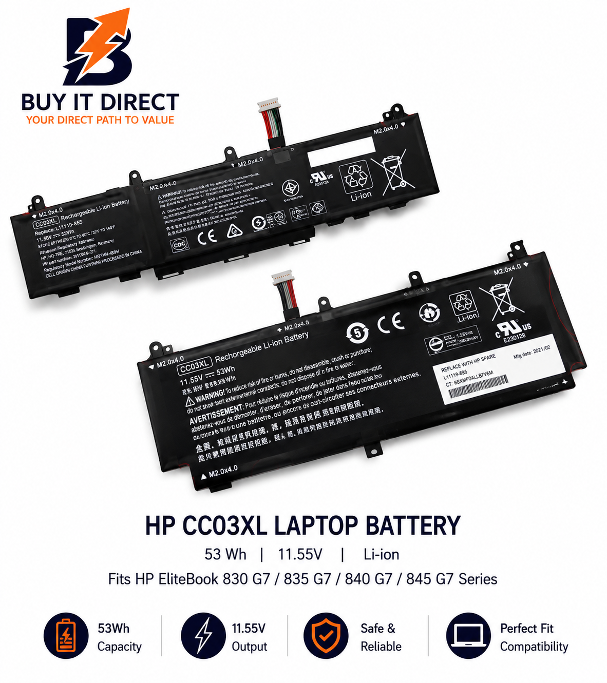 بطارية لابتوب اتش بي CC03XL بسعة 53 واط ساعة متوافقة مع سلسلة HP EliteBook 830 G7 و835 G7 و840 G7 و845 G7