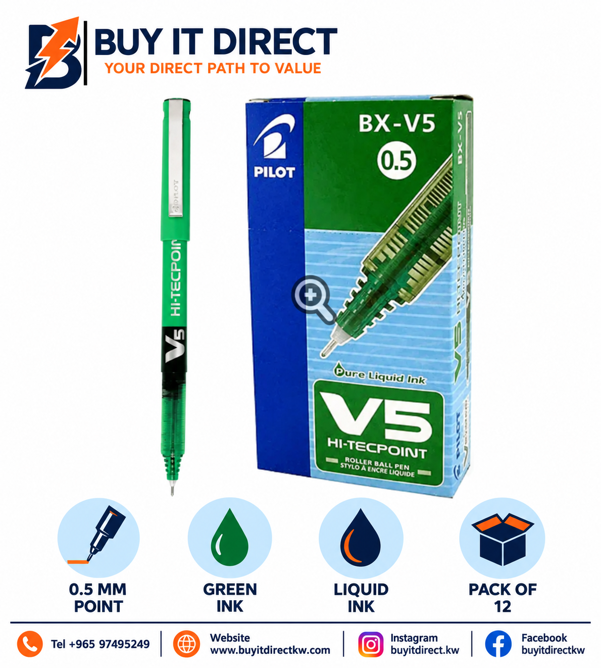 Pilot Hi-Tecpoint BX-V5 0.5 mm Rollerball Pen Green - Pack of 12