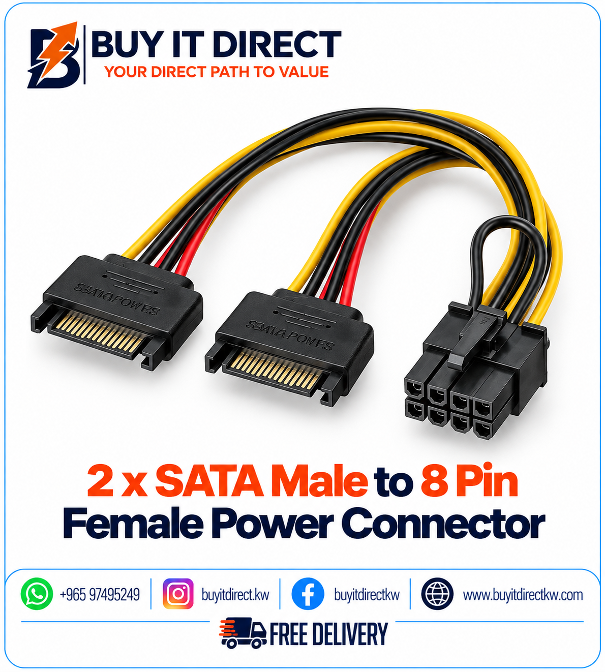 2 x SATA Male to 8 Pin Female Power Connector