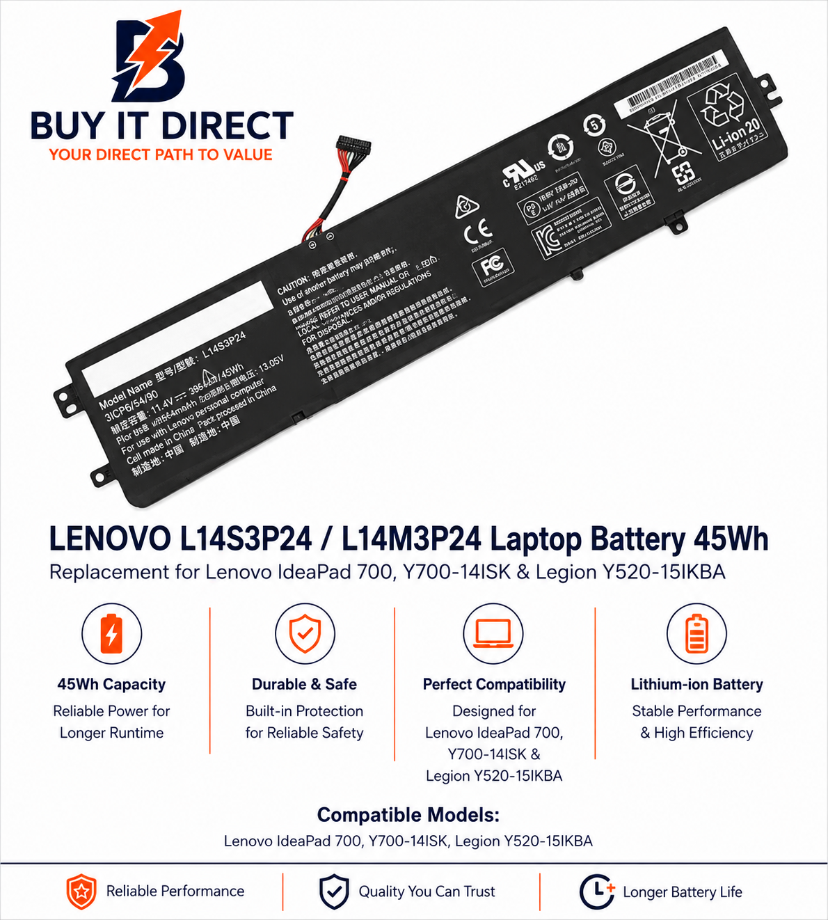 بطارية لابتوب Lenovo L14S3P24 بسعة 45Wh لأجهزة IdeaPad 700 و Y700 14ISK و Legion Y520 15IKBA