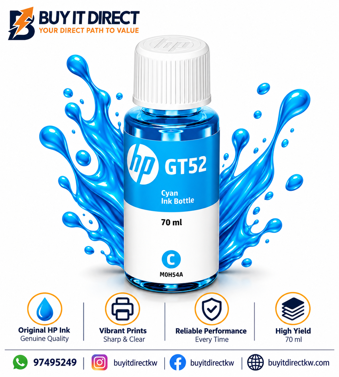 عبوة حبر HP GT52 أصلية باللون السماوي