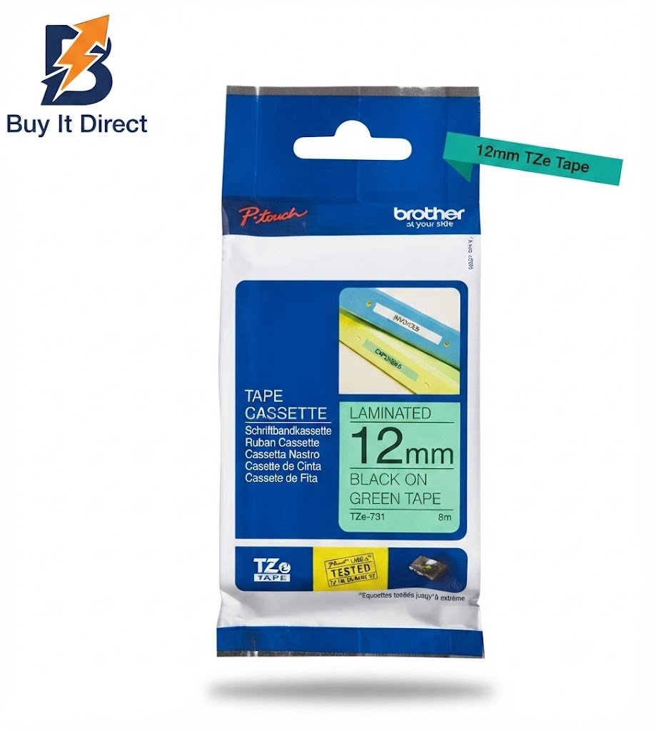 Brother Genuine TZe-731 Labelling Tape Cassette – Black on Green, 12mm wide
