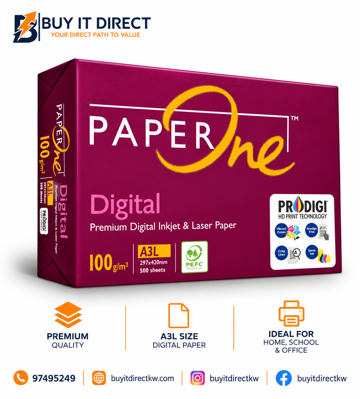 PAPERONE A3L Copy Paper 100 GSM 500 Sheets