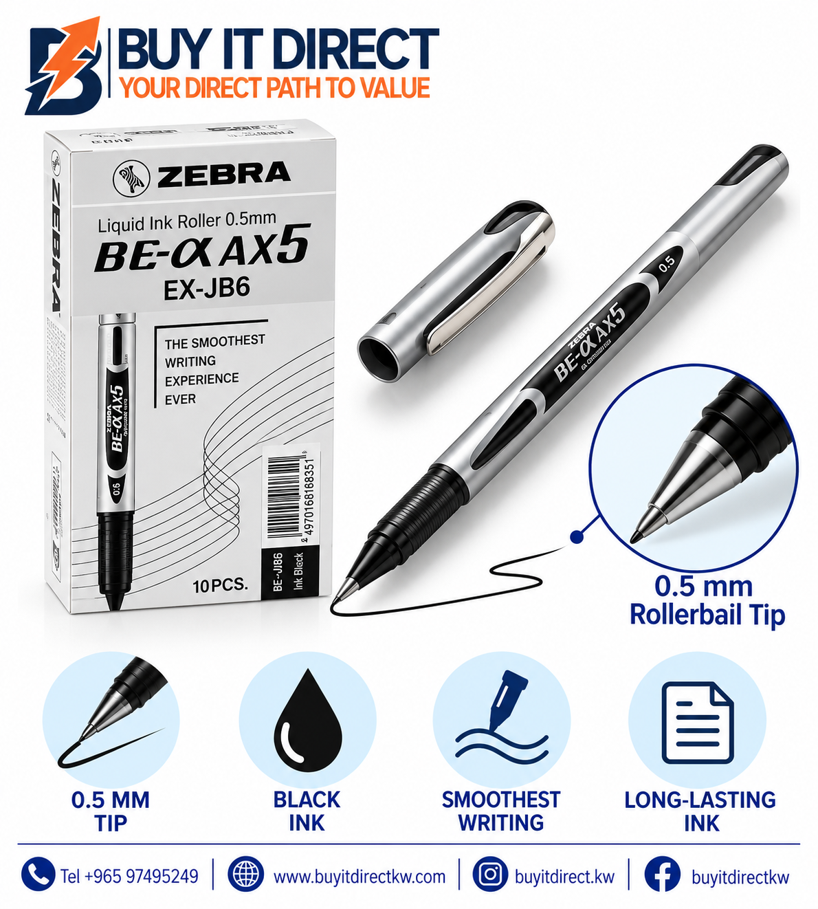أقلام Zebra Liquid Ink Roller EX-JB6 سوداء 0.5 مم - عبوة 10 أقلام