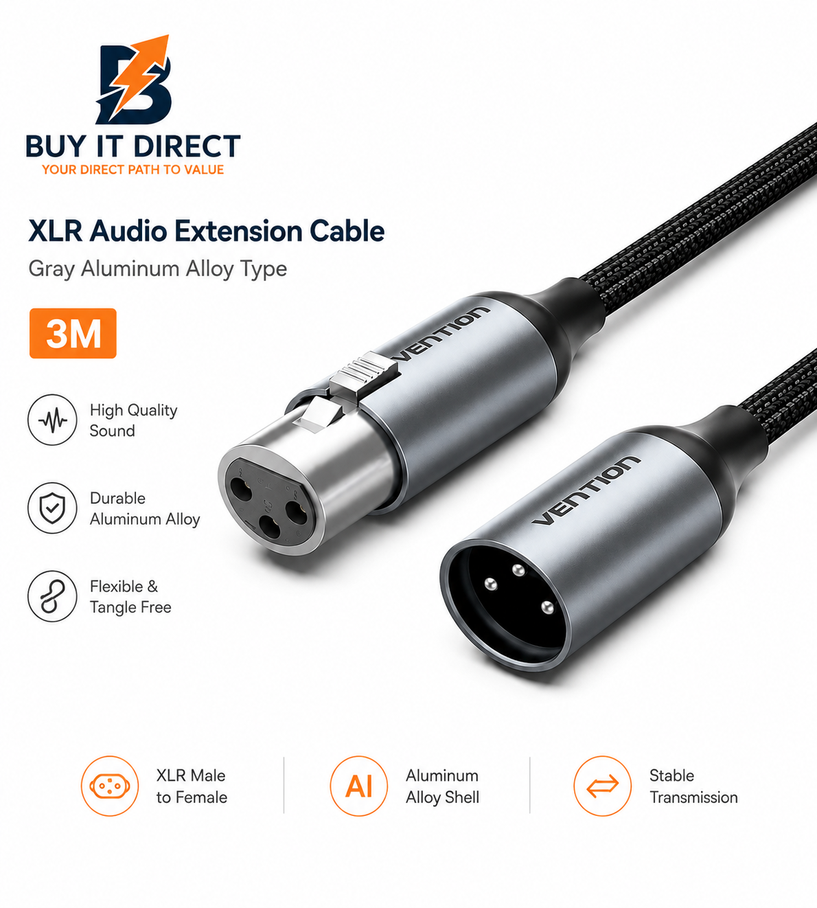 XLR Audio Extension Cable 3M Gray Aluminum Alloy