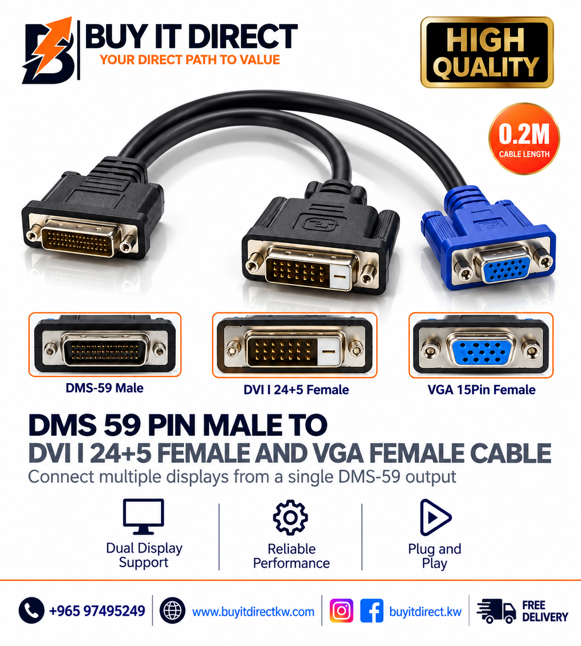 DMS 59 Pin Male to DVI I 24+5 Female and VGA Female Cable