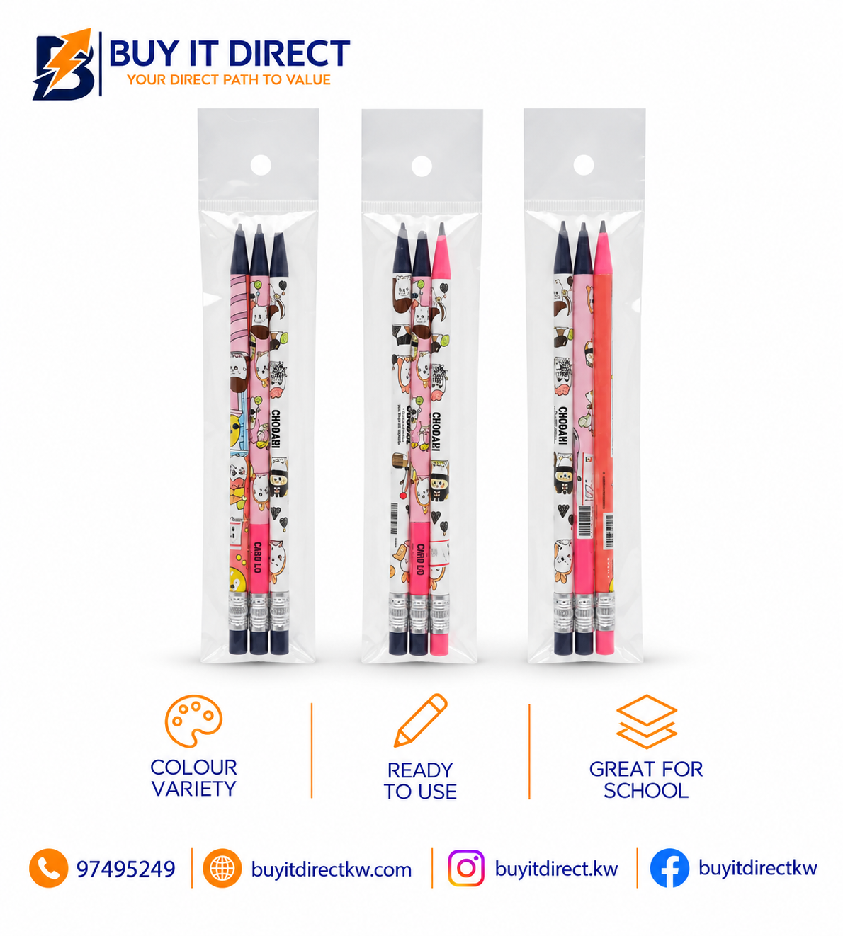 Pencils Packet – Cartoon Print, 3 Pieces