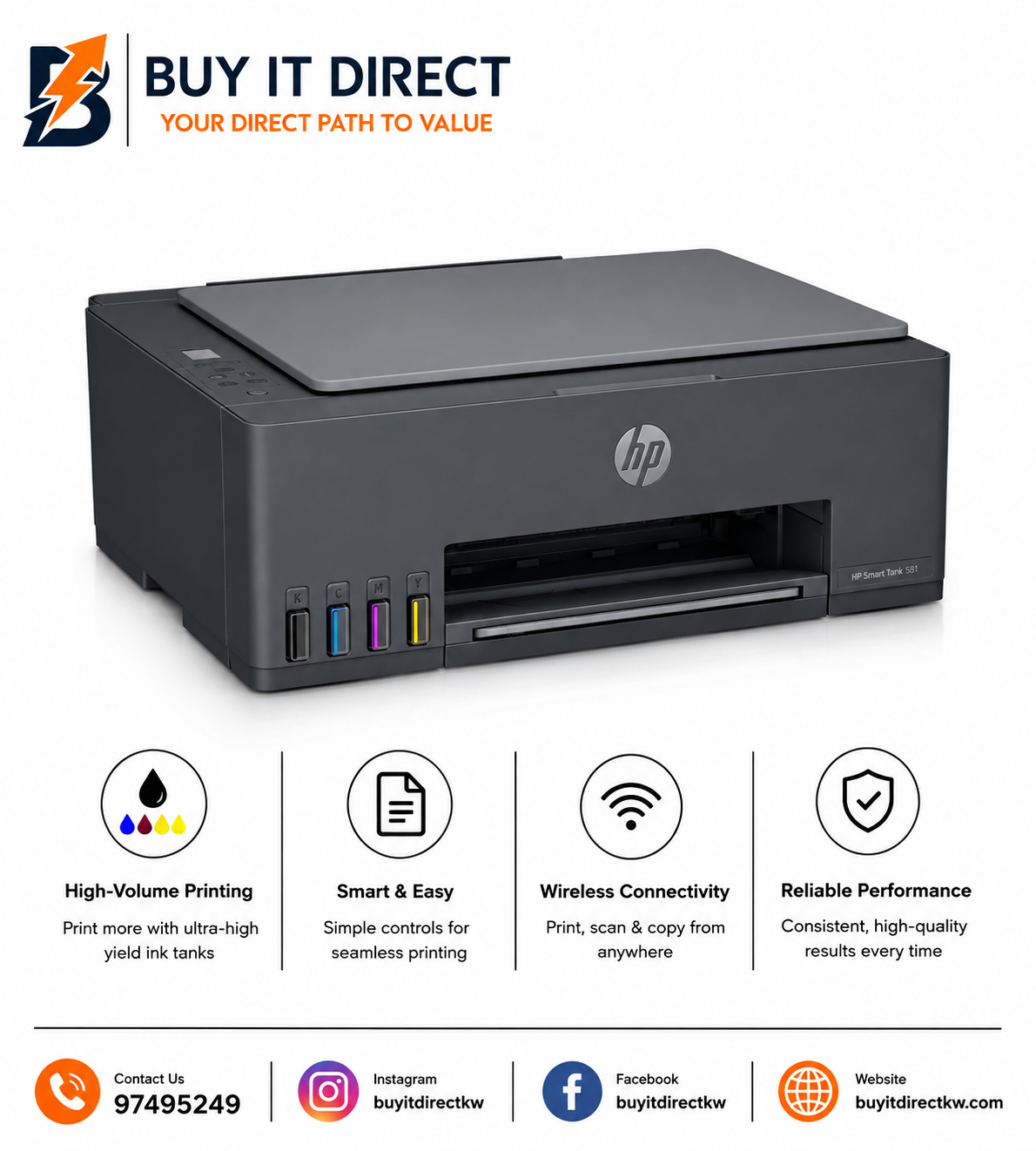 HP Smart Tank 581 AIO – 12ppm / 4800dpi / A4 / USB / Wi-Fi / Bluetooth / Color Inkjet – Printer