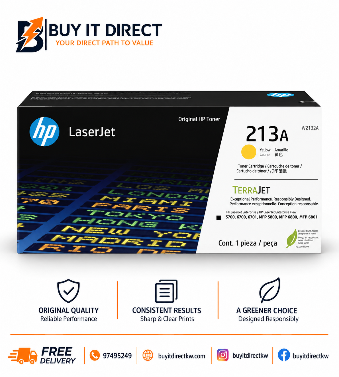 خرطوشة حبر HP 213A أصلية لطابعات LaserJet باللون الأصفر 3000 صفحة W2132A