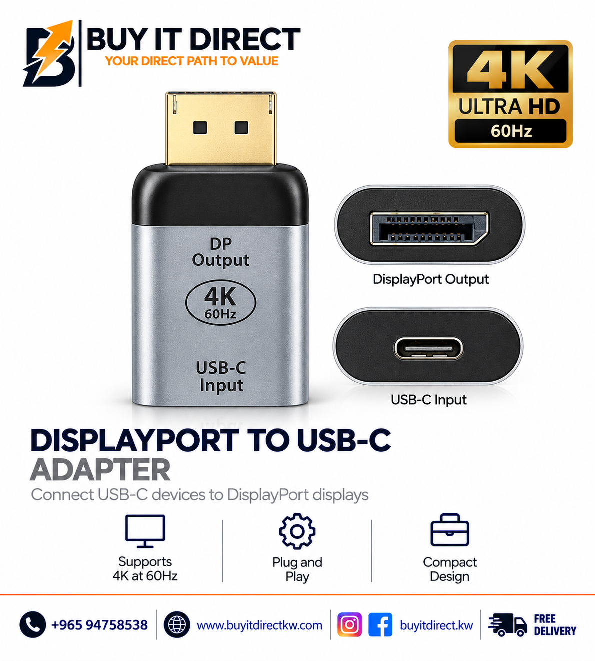 DisplayPort Male to USB Type C Female 8K Adapter