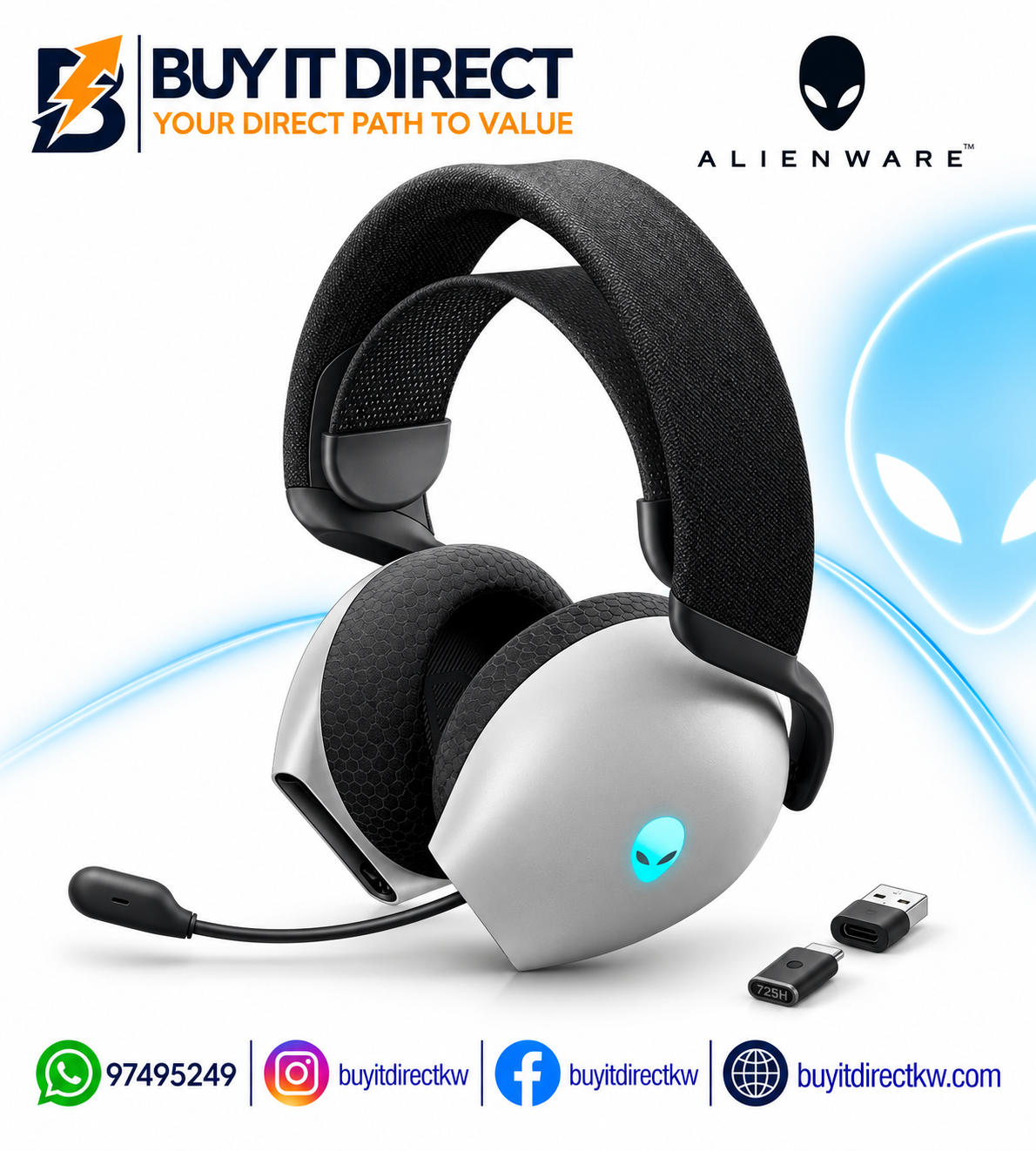 Alienware AW725H Tri-Mode Wireless Gaming Headset – Fabric Memory Foam, AI Noise Cancellation, Lunar Light
