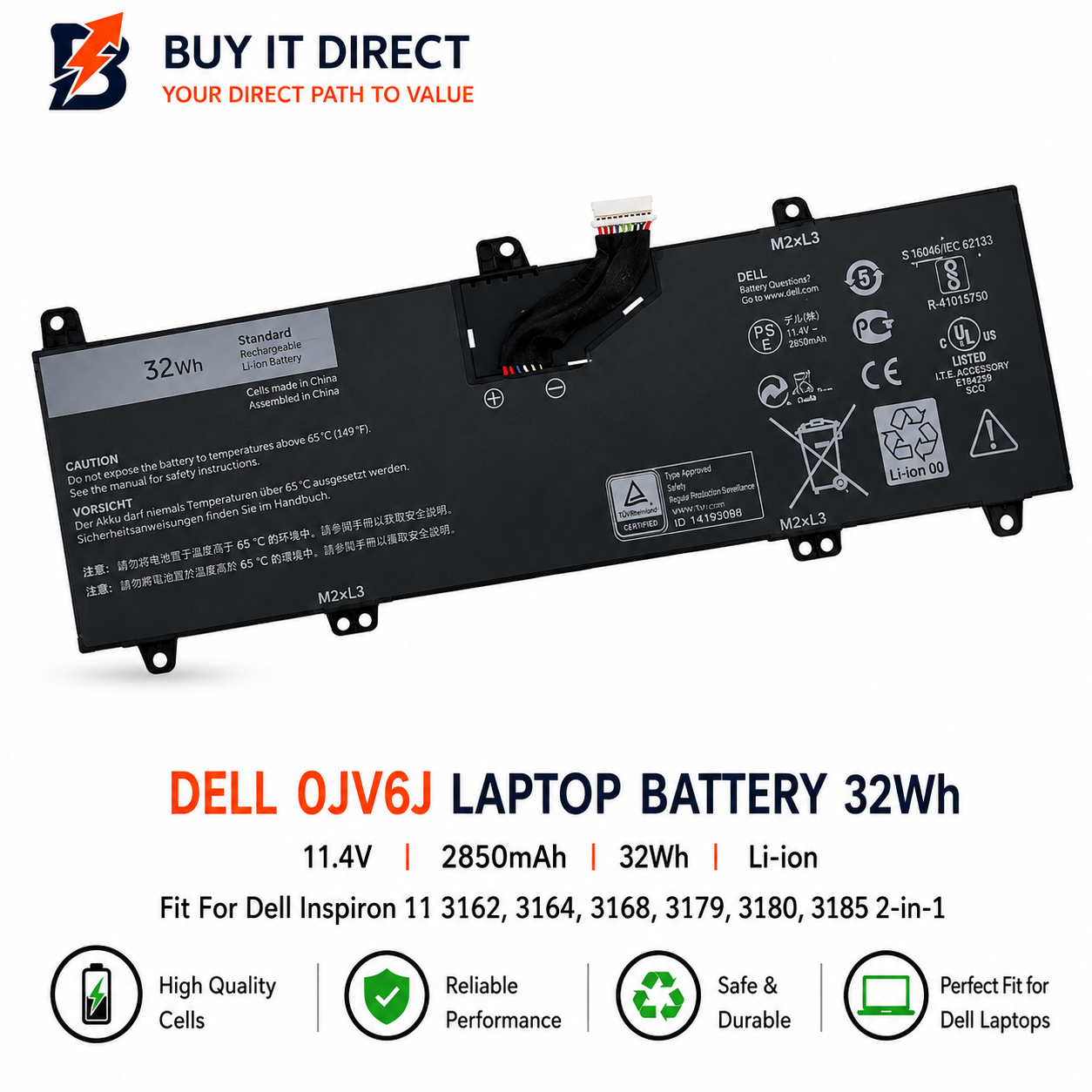 DELL 0JV6J Laptop Battery 32Wh Fits Inspiron 11 3162 3164 3168 3179 3180 3185 2 in 1