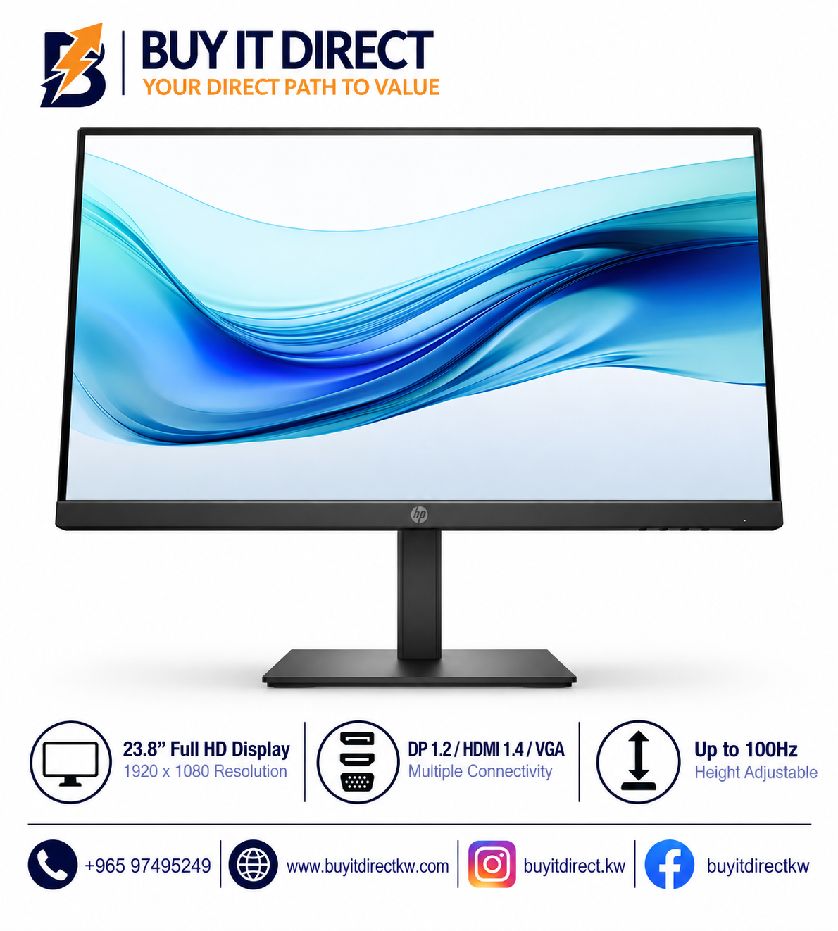 شاشة HP Series 3 Pro 324pe مقاس 23.8 بوصة - FHD / حتى 100Hz / DP 1.2 / HDMI 1.4 / VGA / قابلة لتعديل الارتفاع