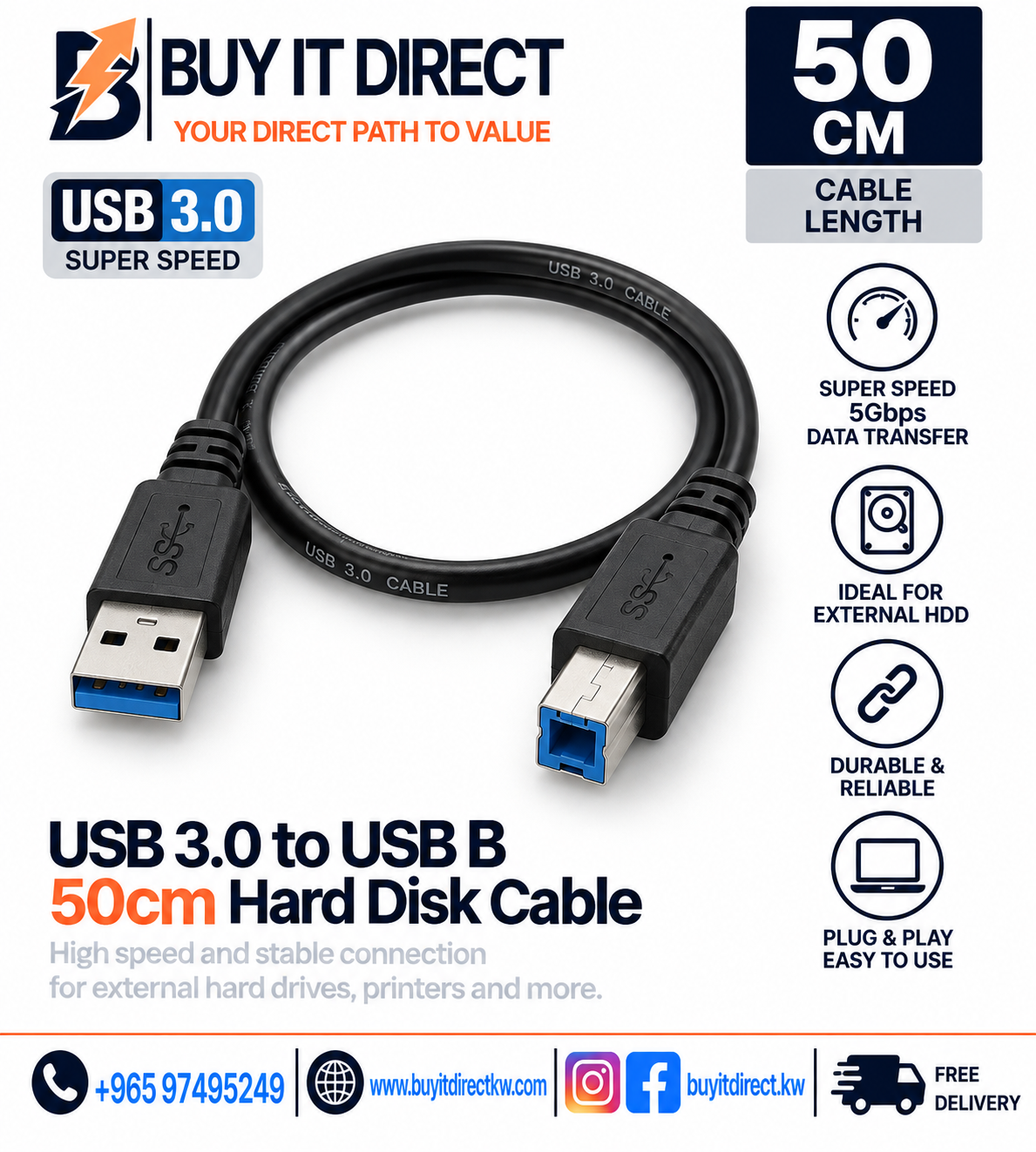 USB 3.0 to USB B 50cm Hard Disk Cable