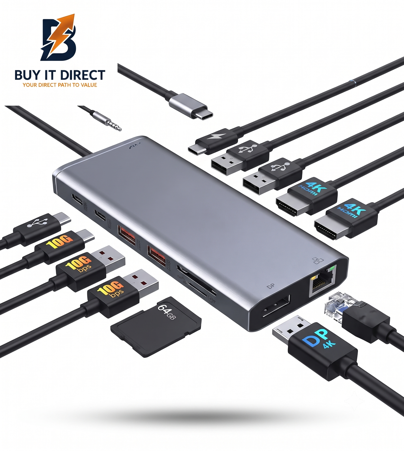 محطة إرساء (Docking Station) وموزع USB-C متعدد المنافذ (14 في 1) يدعم منفذي HDMI ومنفذ DP ومنفذ RJ45.