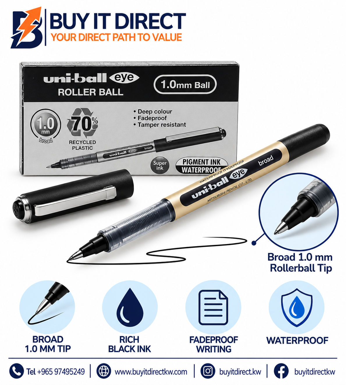 أقلام uni-ball Eye Rollerball أسود 1.0 مم - عبوة 12 قلم
