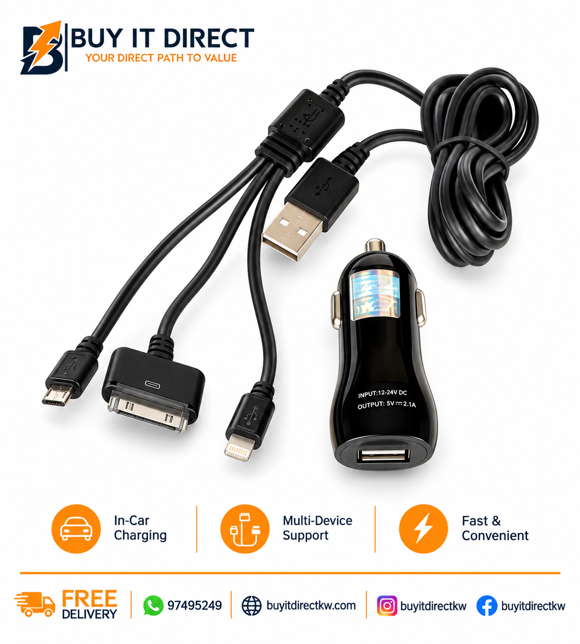 Car Charger With Multi Charging Ports USB Lightning Micro USB And iPhone 4