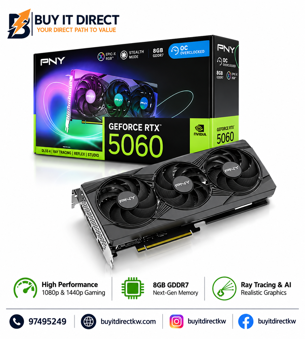 PNY GeForce RTX 5060 8GB ARGB EPIC X RGB Overclocked Triple Fan Graphics Card