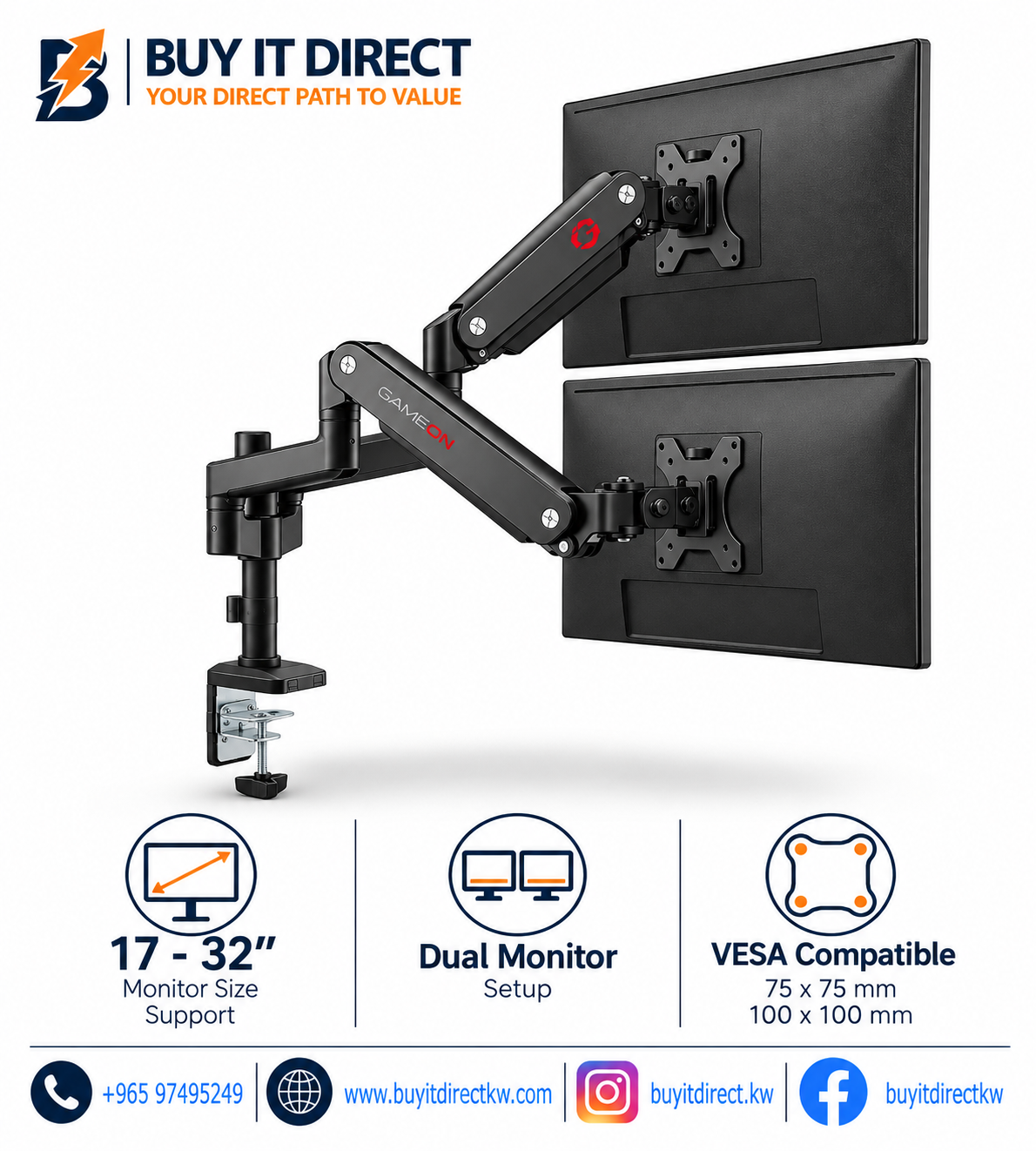 ذراع شاشات GameOn GO-5450 مزدوج مقاس 17-32 بوصة