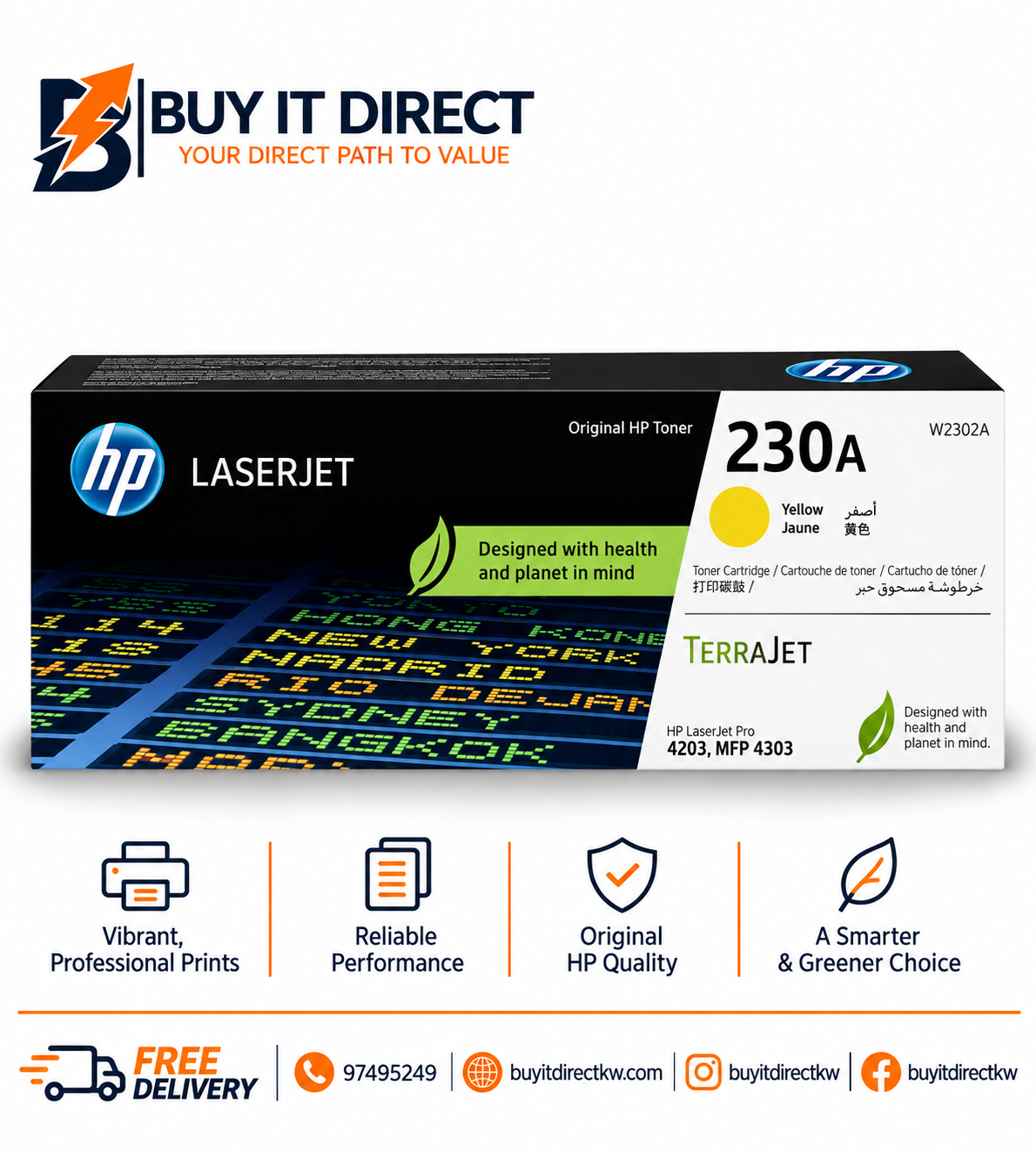 خرطوشة مسحوق حبر ليزر أصلية HP 230A باللون الأصفر 1800 صفحة W2302A
