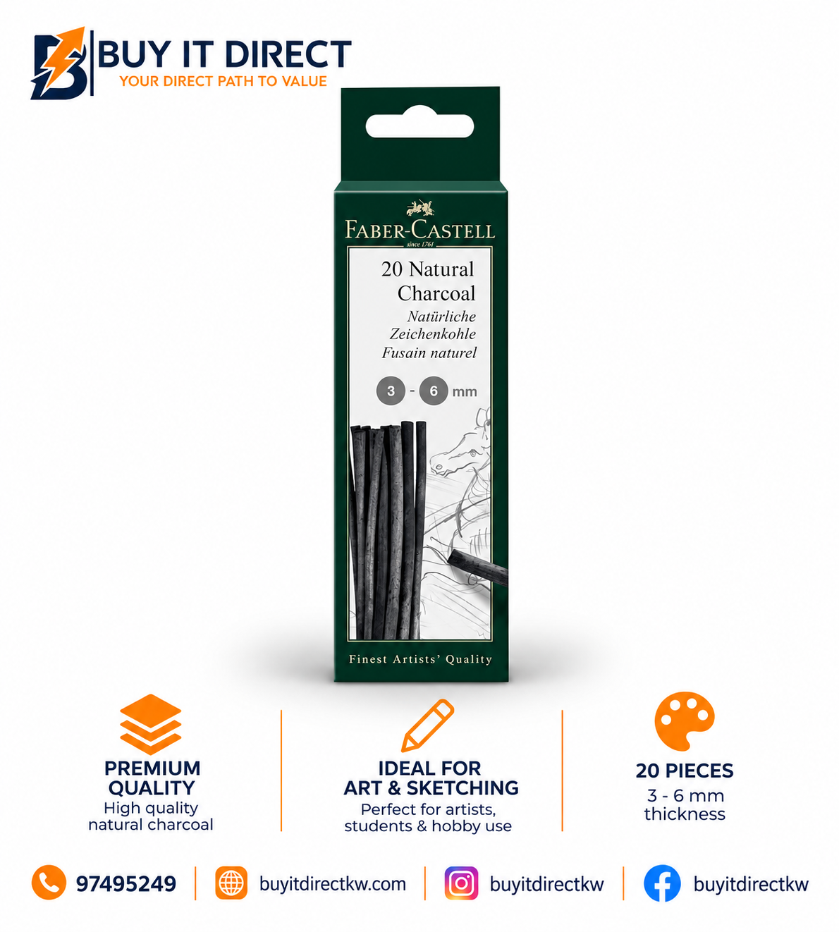 Faber-Castell Pitt Natural Charcoal Sticks 20 Pieces