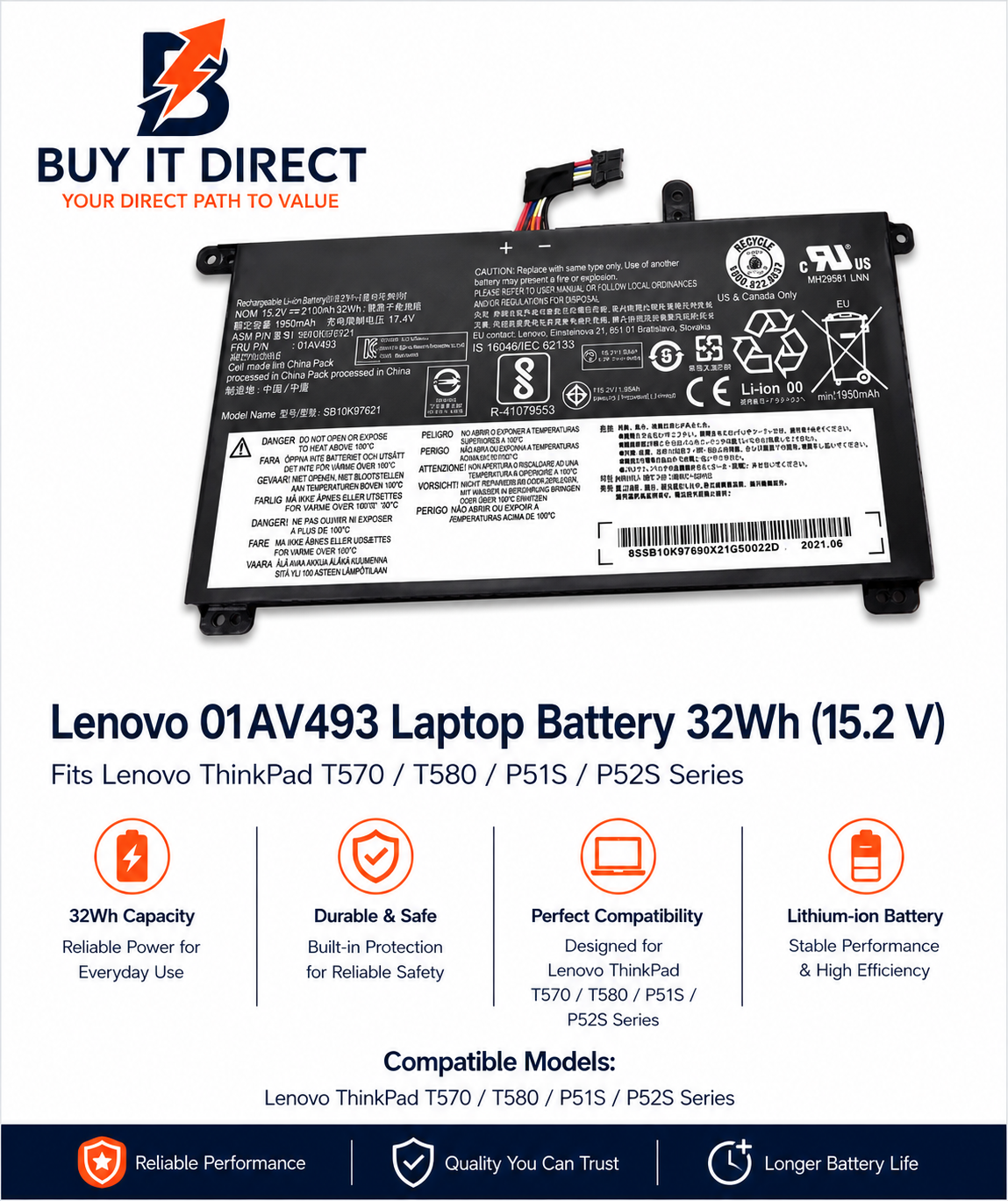 بطارية لابتوب Lenovo 01AV493 بسعة 32Wh لأجهزة ThinkPad T570 T580 P51S P52S