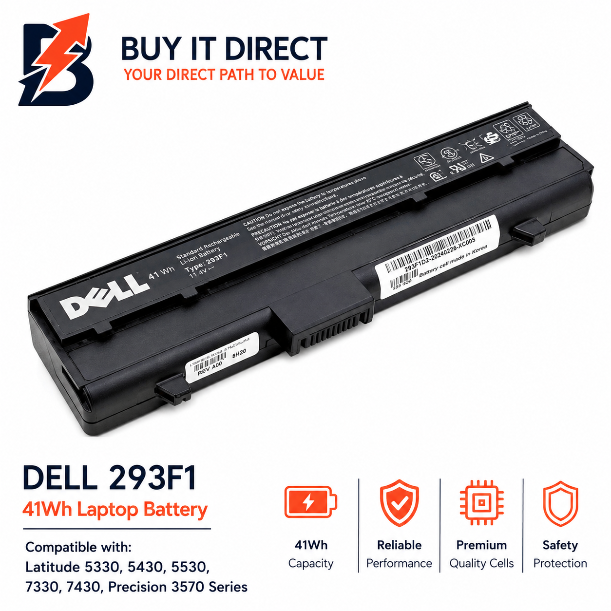 بطارية لابتوب ديل 293F1 بسعة 41 واط ساعة متوافقة مع Latitude 5330 و5430 و5530 و7330 و7430 وسلسلة Precision 3570