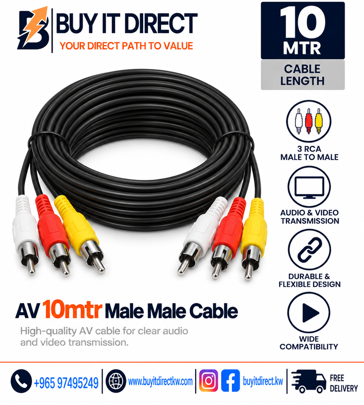 AV 10mtr Male Male Cable