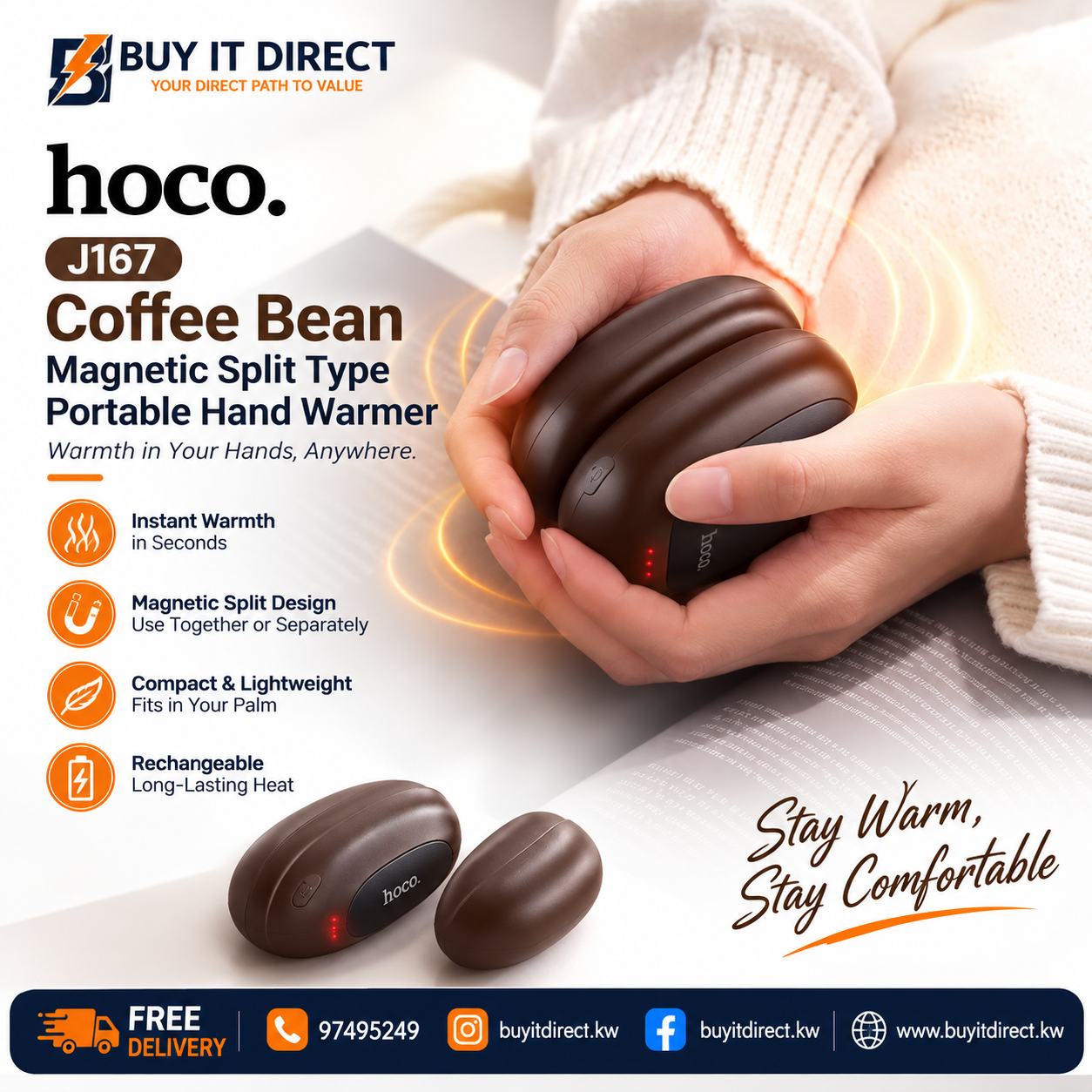 Hoco J167 Coffee Bean Magnetic Split Type Portable Hand Warmer