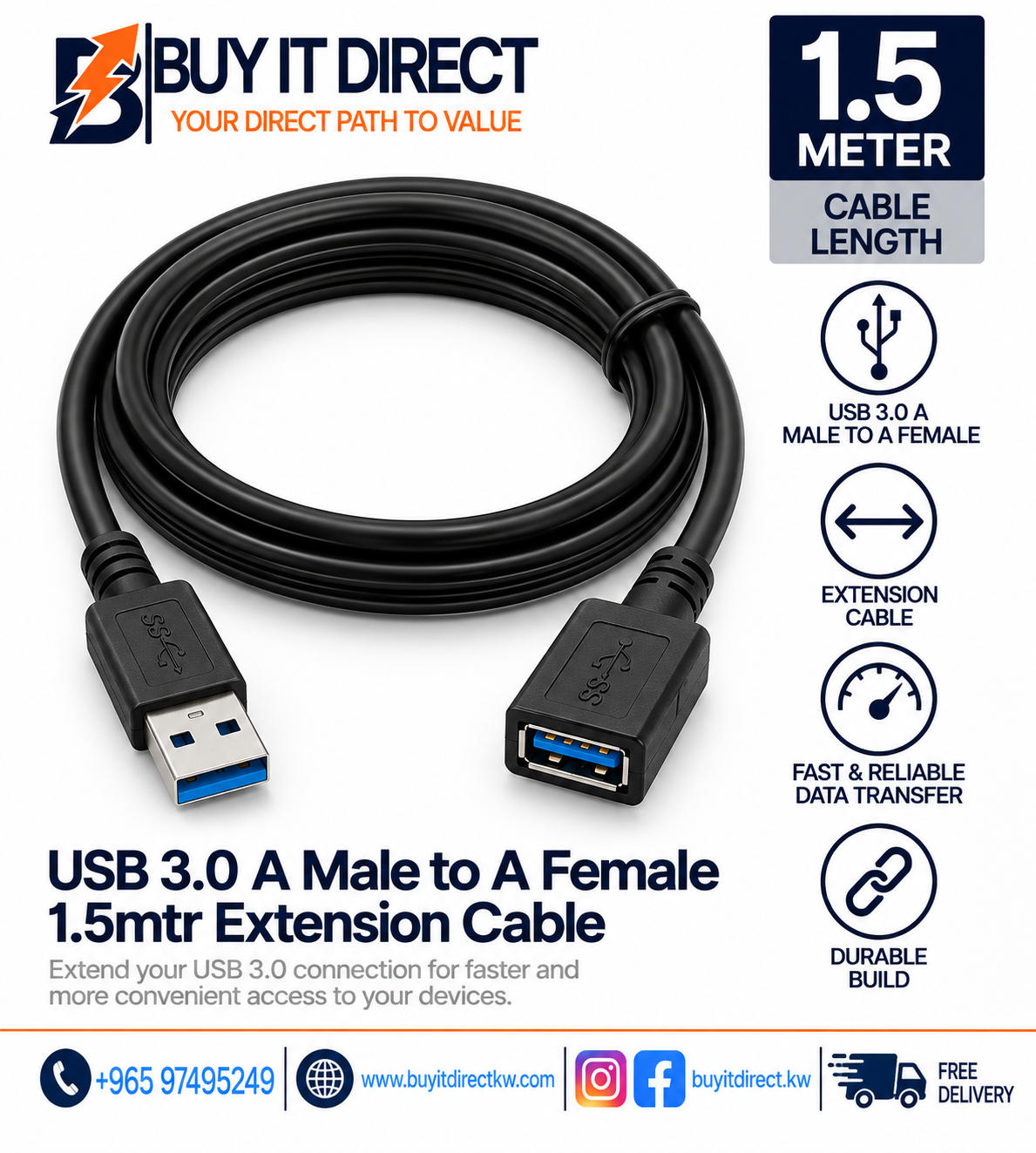 كابل تمديد USB 3.0 من A ذكر إلى A أنثى بطول 1.5 متر