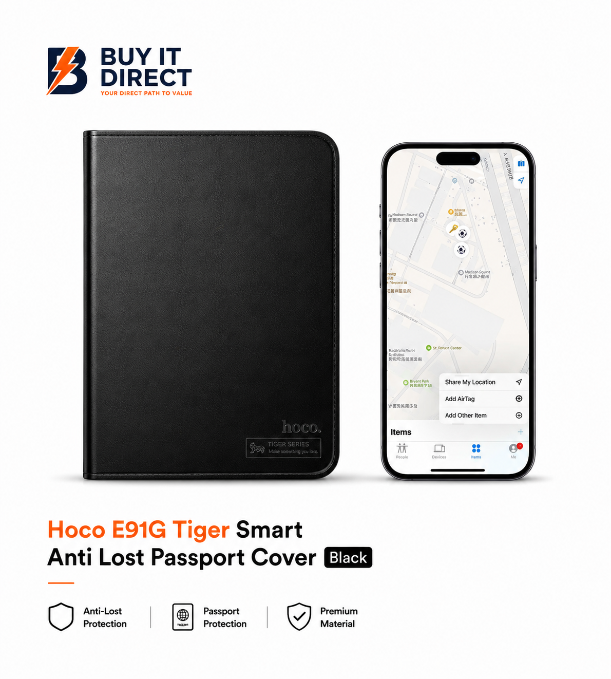 حافظة جواز سفر ذكية مضادة للفقدان Hoco E91G Tiger أسود