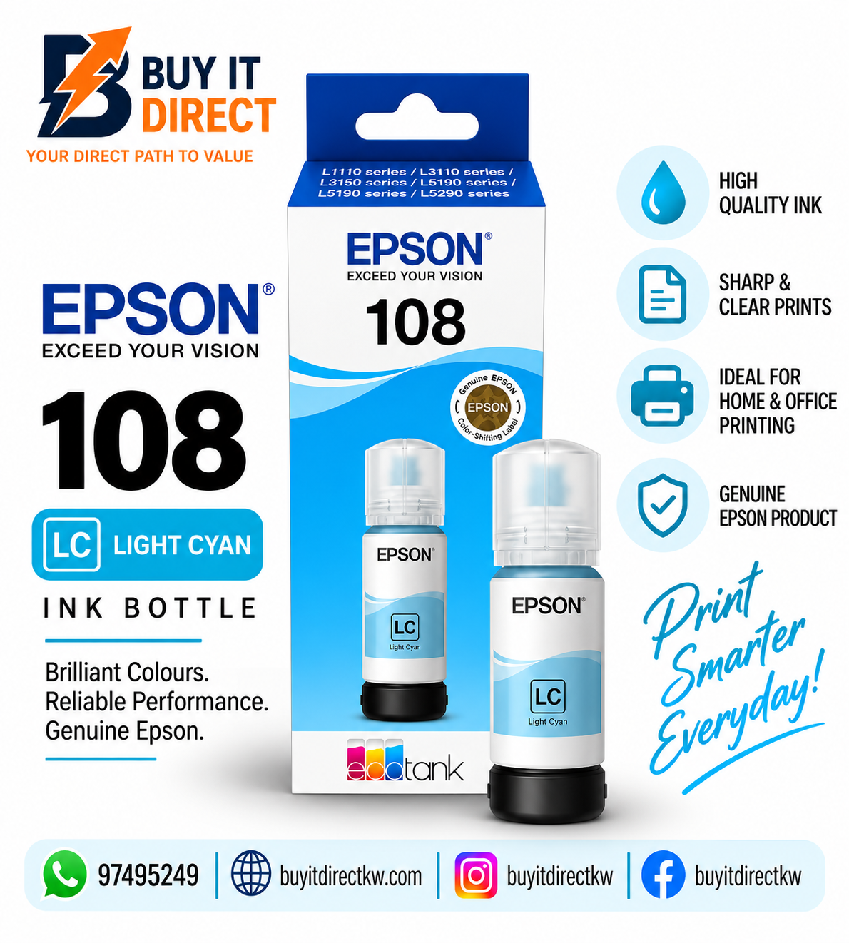 Epson 108 EcoTank Light Cyan Original Ink Bottle 70 ml – C13T09C54A