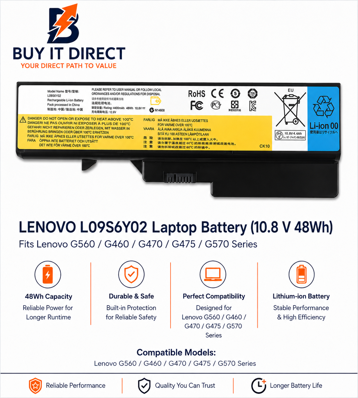 بطارية لابتوب Lenovo L09S6Y02 بسعة 48Wh لأجهزة G460 G470 G475 G560 G570
