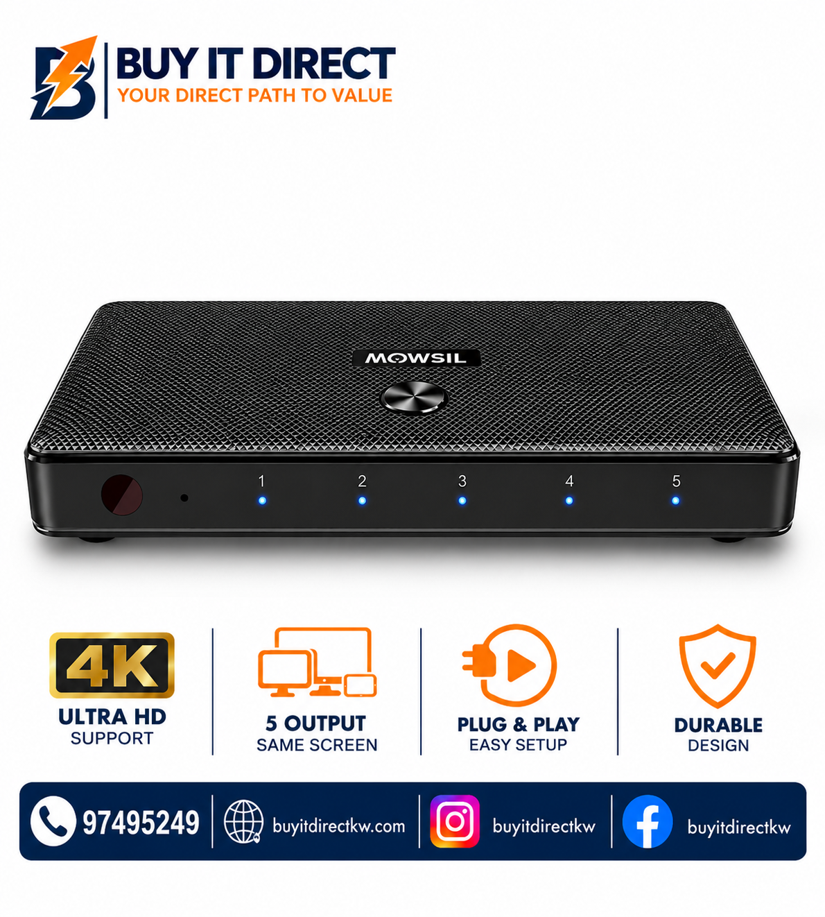 MOWSIL 5 Port HDMI Switch 4K 60Hz HDMI 2.0 18Gbps HDR HDCP 2.2 3D with IR Remote