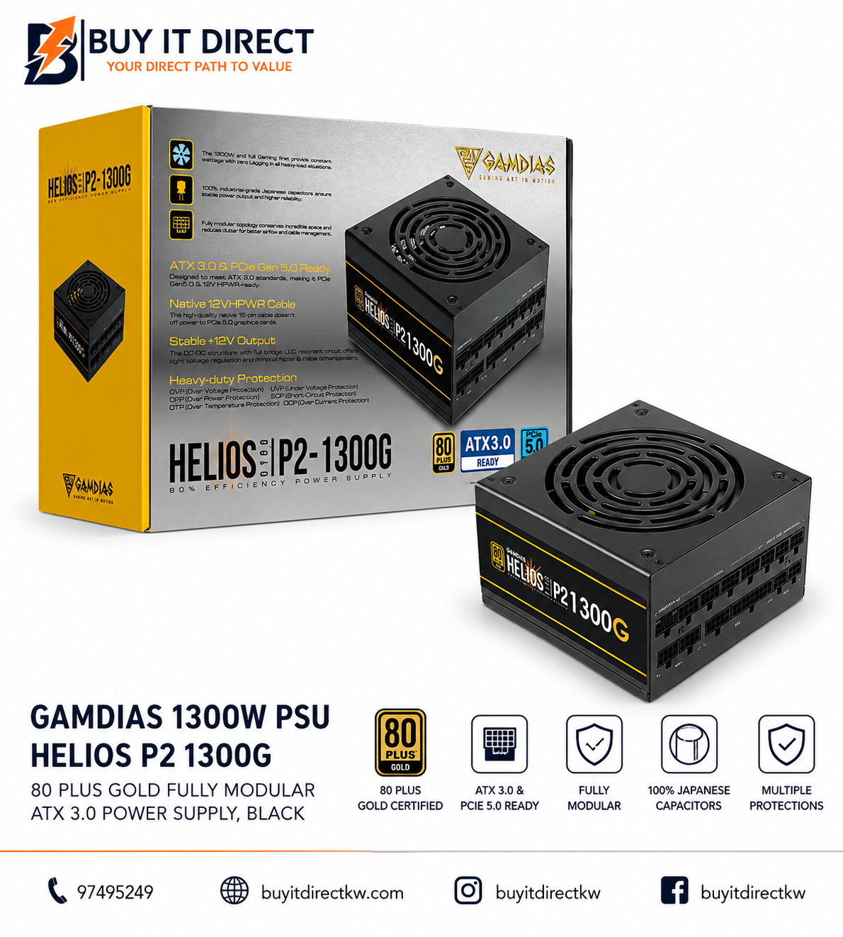 Gamdias 1300W PSU Helios P2 1300G 80 PLUS Gold Fully Modular ATX 3.0 Power Supply, Black