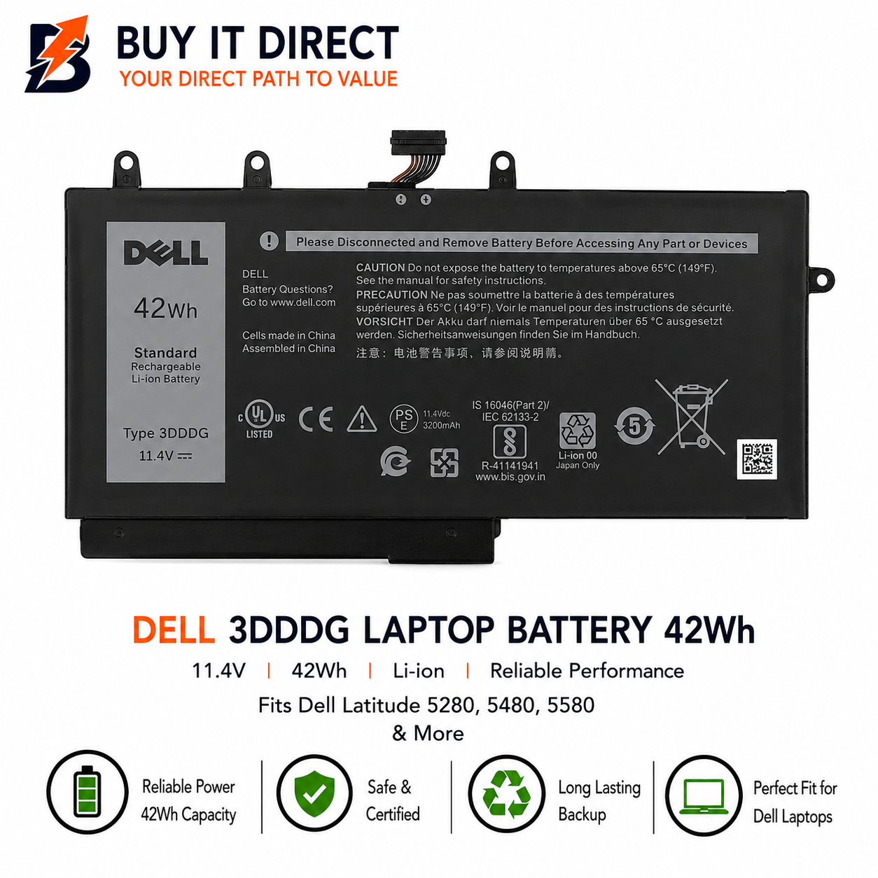 بطارية لابتوب ديل 3DDDG بسعة 42 واط ساعة متوافقة مع Latitude 5280 و5480 و5580 وغيرها