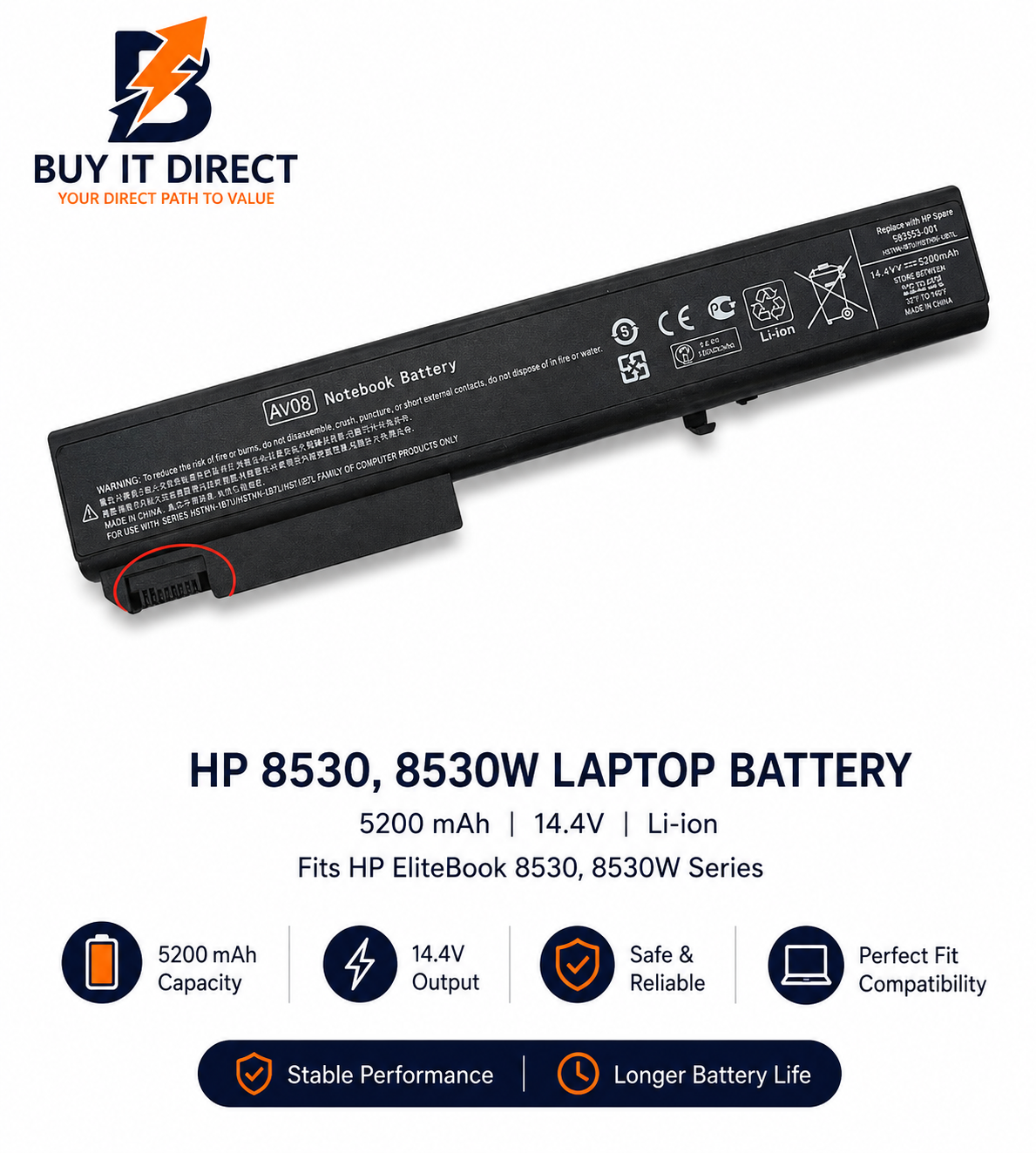 HP 8530 8530W Laptop Battery 5200mAh 14.4V Fits HP EliteBook 8530 8530W Series