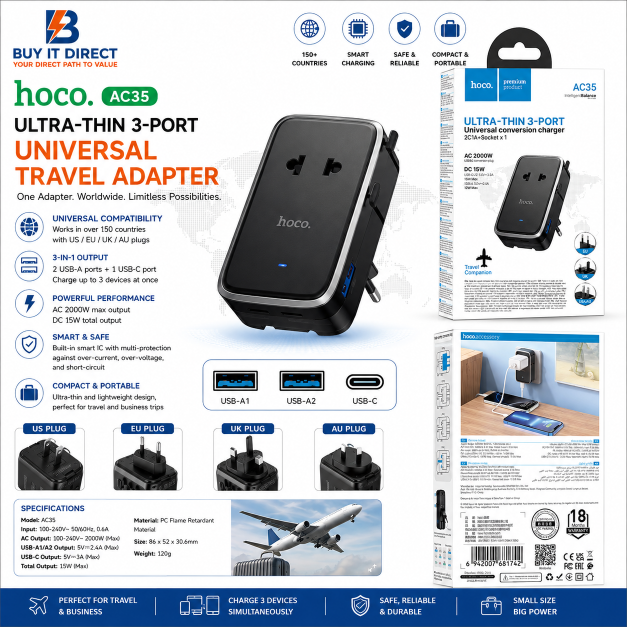 Hoco AC35 3 Port Universal Travel Adapter