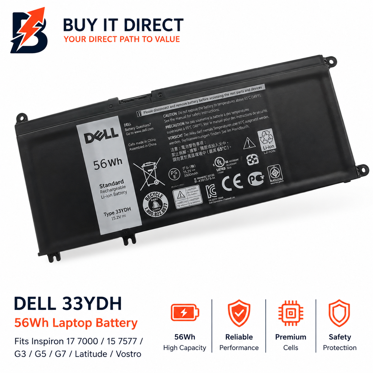 DELL 33YDH Laptop Battery 56Wh Fits Inspiron 17 7000 15 7577 G3 G5 G7 Latitude and Vostro
