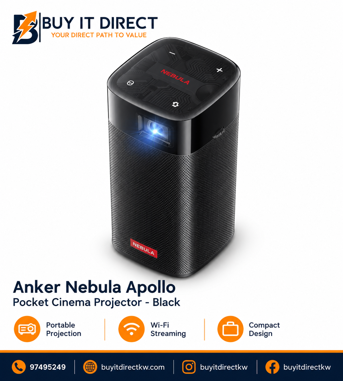 Anker Nebula Apollo Pocket Cinema Projector Black