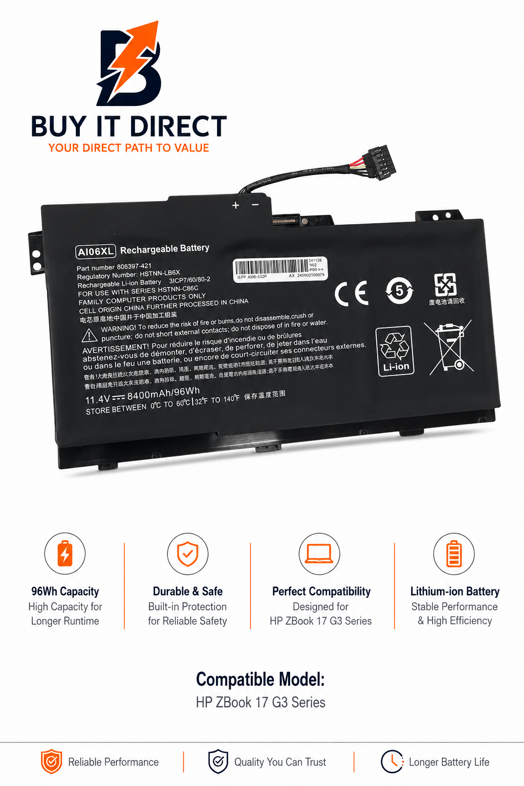 HP AI06XL Laptop Battery 96Wh Fits HP ZBook 17 G3 Series