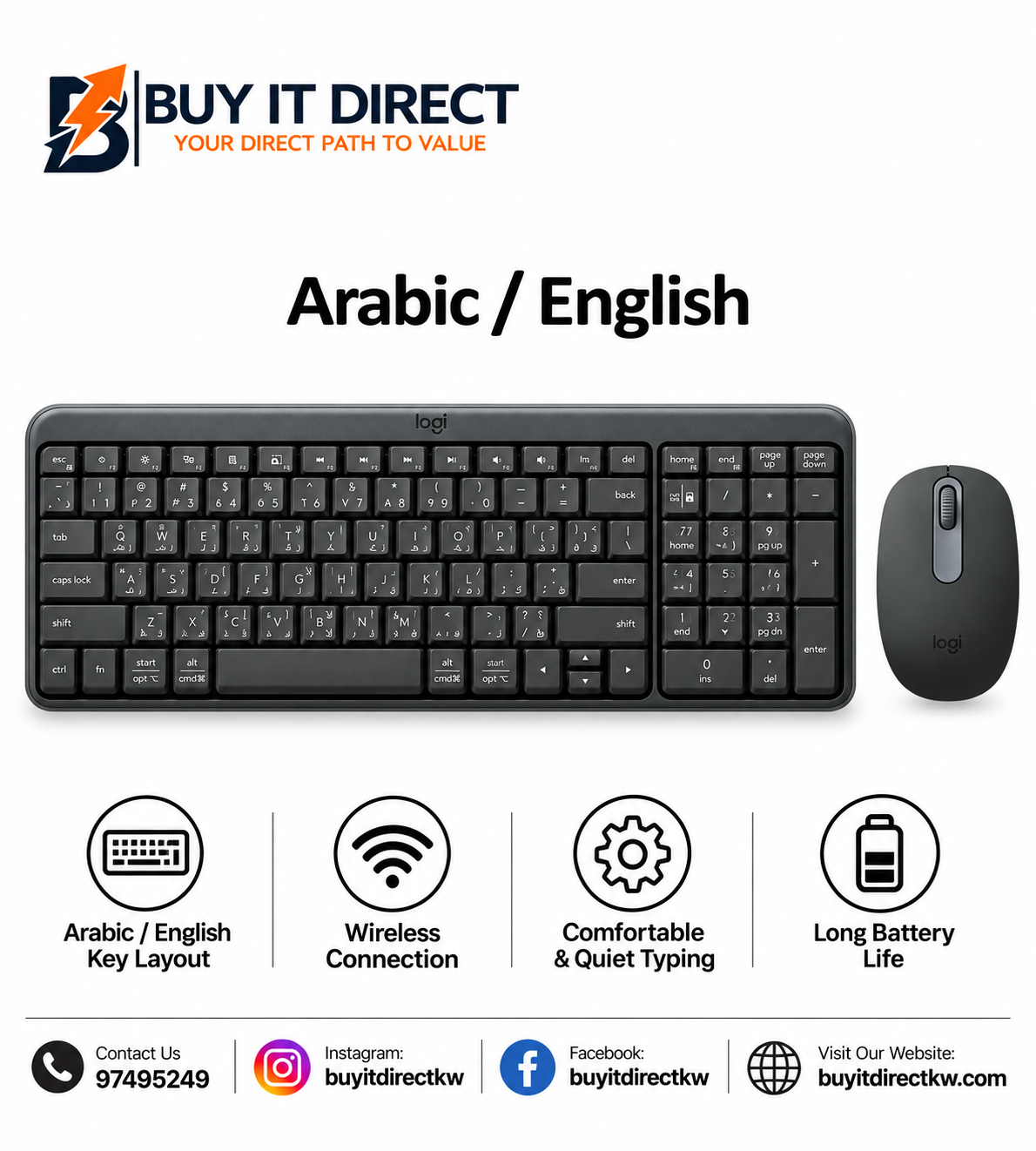 Logitech MK250 Compact Bluetooth Wireless Keyboard and Mouse Combo Arabic English MK250